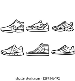 Set of mans sneakers outlined icons in white background