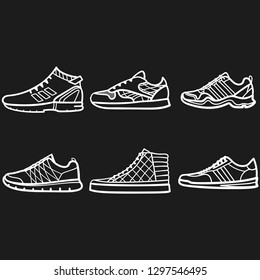 Set of mans sneakers outlined icons in dark background