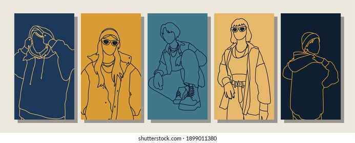 Set of Man's and Woman's Face minimalist collage abstract contemporary fashion in a modern trendy colors in line art style