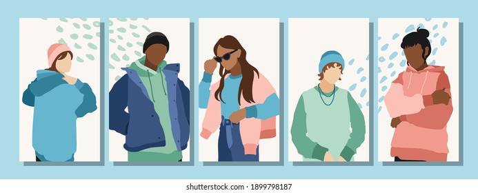 Set of Man's and Woman's Face minimalist collage abstract contemporary fashion in a modern trendy colors.