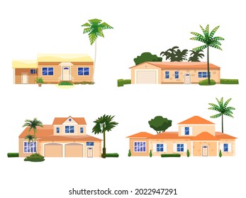 Set Mansion Residential Home Buildings, tropic trees, palms. House exterior facades front view architecture family modern contemporary cottages houses or apartments, villa. Suburban property