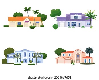 Set Mansion Residential Home Buildings, tropic trees, palms. House exterior facades front view architecture family modern contemporary cottages houses or apartments, villa. Suburban property