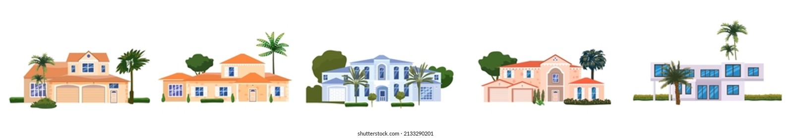 Set Mansion Residential Home Buildings, tropic trees, palms. House exterior facades front view architecture family modern contemporary cottages houses or apartments, villa. Suburban property