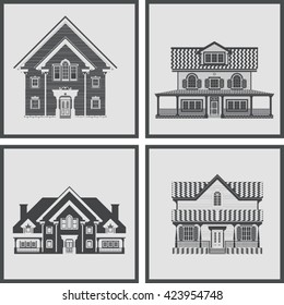 set of mansions with different design of the facades isolated on gray background