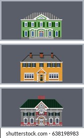 Set of mansions of various designs isolated on gray background