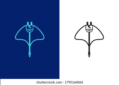 conjunto de la plantilla de diseño del logotipo eléctrico del pez manta en fondo blanco y azul. El logo usa combinación entre peces manta con símbolo de electricidad en colores negro y azul.