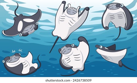 Set of Manta Ray Cartoon Bundle, The Sea Life in Ocean Background