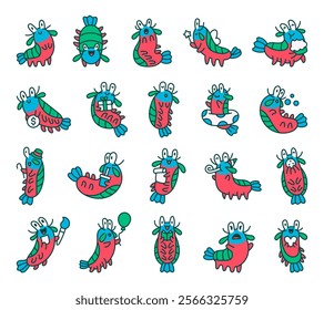 Set of mantis shrimp with adorable and funny cute kawaii cartoon characters depicting various poses, emotions, for underwater and sea themed designs creative illustrations.