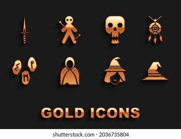 Set Mantle, Cloak, Cape, Dream Catcher With Feathers, Witch Hat, Magic Runes, Skull, Dagger And Voodoo Doll Icon. Vector