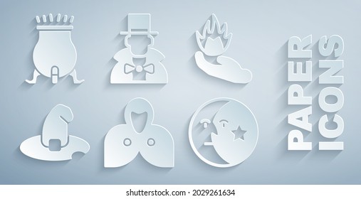 Set Mantle, cloak, cape, Hand holding fire, Witch hat, Moon stars, Magician and cauldron icon. Vector