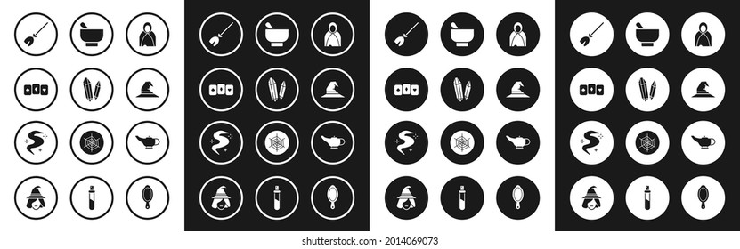 Set Mantle, cloak, cape, Magic stone, Playing cards, Witches broom, hat, mortar and pestle, lamp Aladdin and fog smoke icon. Vector