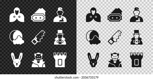 Set Mantle, cloak, cape, Ticket, Wizard warlock, Rabbit with ears, Vampire, Castle tower, Moon and stars and Hand saw icon. Vector