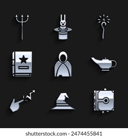 Set Mantle, cloak, cape, Witch hat, Ancient magic book, Magic lamp or Aladdin, Spell, staff and Neptune Trident icon. Vector