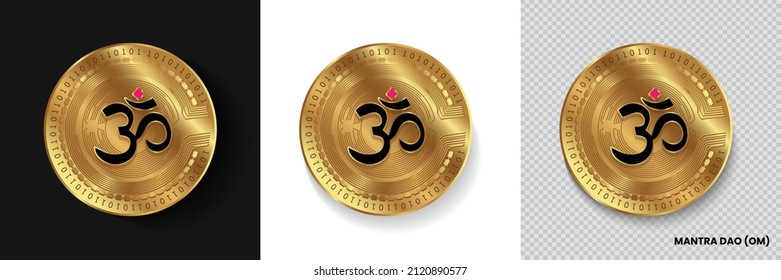 Set of Mantra Dao DM crypto currency logo symbol vector isolated on white, dark and transparent background. Can be used as golden coin sticker, icon, label, badge, print design and emblem