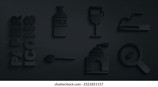 Set Molinillo de café manual, cigarrillo, cuchara, selección de frijoles, irlandés y botella con icono de leche. Vector