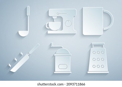 Set Manual coffee grinder, Coffee cup, Frying pan, Grater, Electric mixer and Kitchen ladle icon. Vector