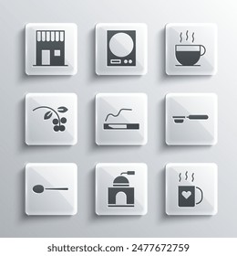 Set Manual coffee grinder, Coffee cup and heart, filter holder, Cigarette, Spoon, bean, branch, shop and  icon. Vector