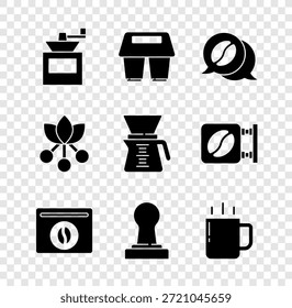 Set Manuelle Kaffeemühle, Kaffeetasse zu gehen, und Gespräche, Tasche Bohnen, Manipulator, Bohne, Zweig und Pour over Maker-Symbol. Vektorgrafik