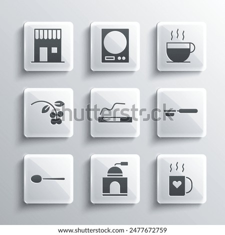 Set Manual coffee grinder, Coffee cup and heart, filter holder, Cigarette, Spoon, bean, branch, shop and  icon. Vector