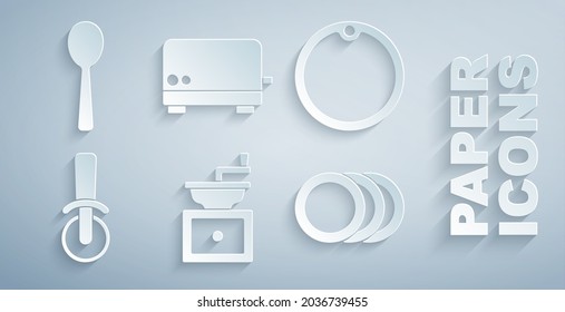 Coloque el icono de molino de café manual, tabla de corte, cuchillo de pizza, placa, tostadora y cuchara. Vector
