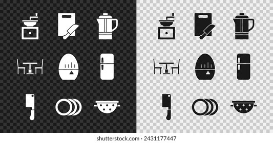 Set Manual coffee grinder, Cutting board and knife, Teapot, Meat chopper, Plate, Kitchen colander, Wooden table with chair and timer icon. Vector