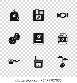 Set Manual coffee grinder, Coffee jar bottle, beans, book, Candy, Bag,  and Cookie or biscuit icon. Vector
