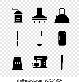 Set Manual coffee grinder, Kitchen extractor fan, Kettle with handle, Grater, Electric mixer, Bread knife, Knife sharpener and ladle icon. Vector