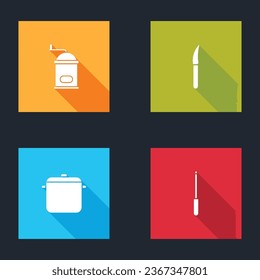 Set Manual coffee grinder, Knife, Cooking pot and sharpener icon. Vector