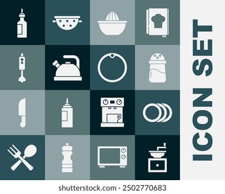 Set Manual coffee grinder, Plate, Salt, Citrus fruit juicer, Kettle with handle, Blender, Bottle olive oil and Cutting board icon. Vector