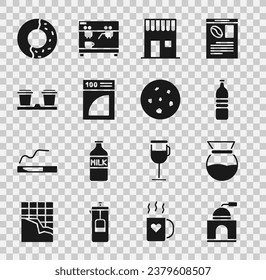 Ponga un molino de café manual, un molino de café, una cafetera, una botella de agua, una cafetería, un filtro de papel, una taza para ir, un donut con un acristalamiento dulce y un icono de galleta o galleta. Vector