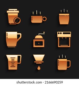Set Manual coffee grinder, V60 maker, Coffee cup, machine, Jug glass with water,  and to go icon. Vector