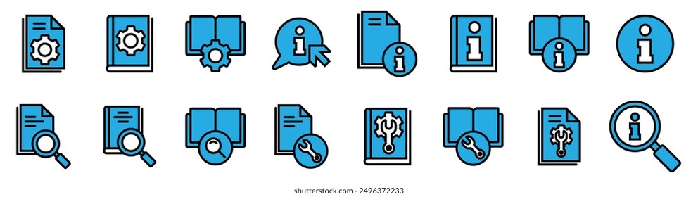 Conjunto de iconos del libro de instrucciones manual. Iconos del libro de guía del usuario. Contiene información, guía, referencia, ayuda y Asistencia. Ilustración vectorial. Vector de valores. EPS 10. 