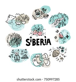 Set manual on the topic of Siberia and its most iconic symbols: a bear and bears, bullfinch, Inuit or Chukchi, ethnic nationality, cranberries, river, fish, taiga, forest, boots,  jam pine cones.