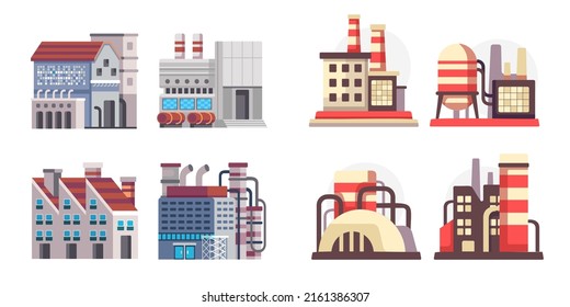 Set of Manufactory industrial buildings refinery factory and chemical plant buildings isolated on white background. Іcons set colorful illustration in flat style. Building big of plants or factory