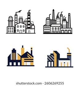 Set of Manufactory industrial buildings refinery factory and chemical plant buildings isolated on white background. Flat design of retro and modern city houses. Old buildings, skyscrapers. colorful