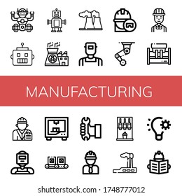 Set of manufacturing icons. Such as Robot, Nuclear power, Power plant, Welder, Engineer, Machinery, d printing, Conveyor, Worker, Machine, Industry, Automation , manufacturing icons