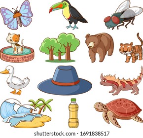 Set of many animals and nature things on white background illustration