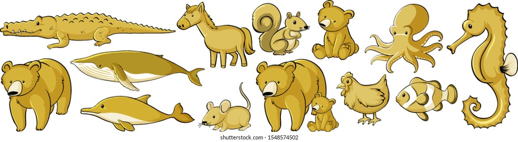 Set of many animals in yellow illustration