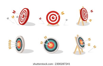 Set of Many arrows missed hitting target mark. Shot miss. Multiple failed inaccurate attempts to hit archery target. Business challenge failure metaphor. Flat cartoon isolated vector illustration