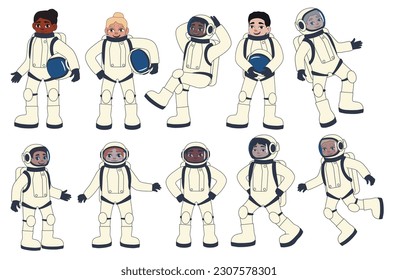 Set of many astronauts in space suits on white background