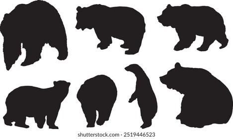 Conjunto de muchos osos silueta de Vector. Aislado sobre fondo blanco 