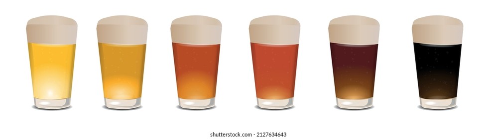 Set of many beer glasses with different beer isolate on white background