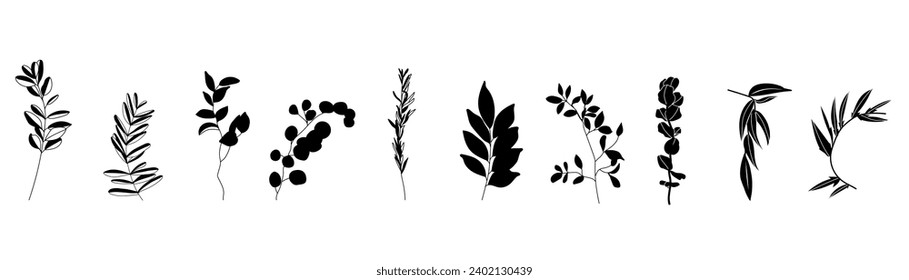 Set of many branches with leaves on white background