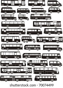 set of many bus silhouettes