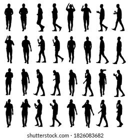 Set of many business people silhouettes. Walking, arguing, using phone and couching. Easy editable vector isolated on white background.	
