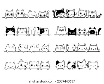 Set of many cats looking out the window. Collection of cartoon cats peeking out the window. Funny peeking pets. Vector illustration on white background. Tattoo.