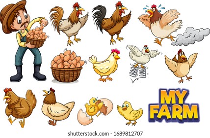 Set of many chickens and farmer illustration