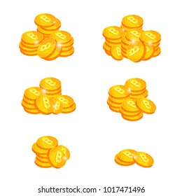 Set of many coin of bitcoin, gold money, vector illustration isolated on white background