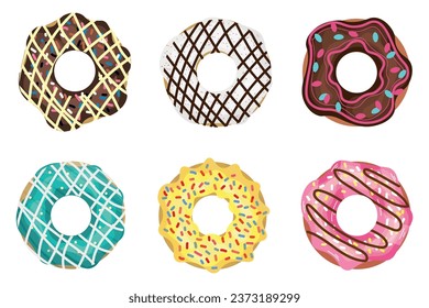 Set of many colorful donuts on white background, top view