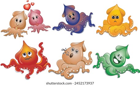 A set of many colorful octopuses, many moods.